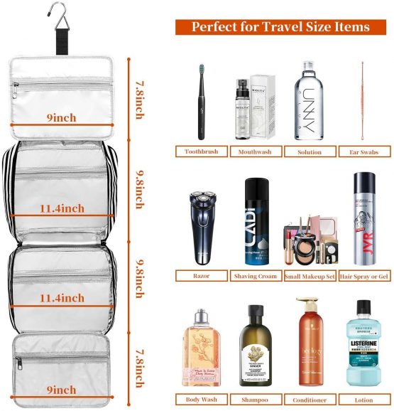 Hanging Travel Toiletry Bag, Large Capacity Wash Bag Waterproof Cosmetic Bag Makeup Organizer with 4 Compartments & 1 Sturdy Hook for Women/Men (Grey & White Striped) - Image 4