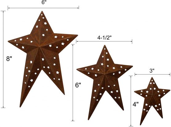CVHOMEDECO. Primitives Rustic Vintage Gifts Rusty Punched Metal Barn Stars for Wall/Wreaths/Twigs Decor, 8/6/4 Inch, Set of 3 - Image 4