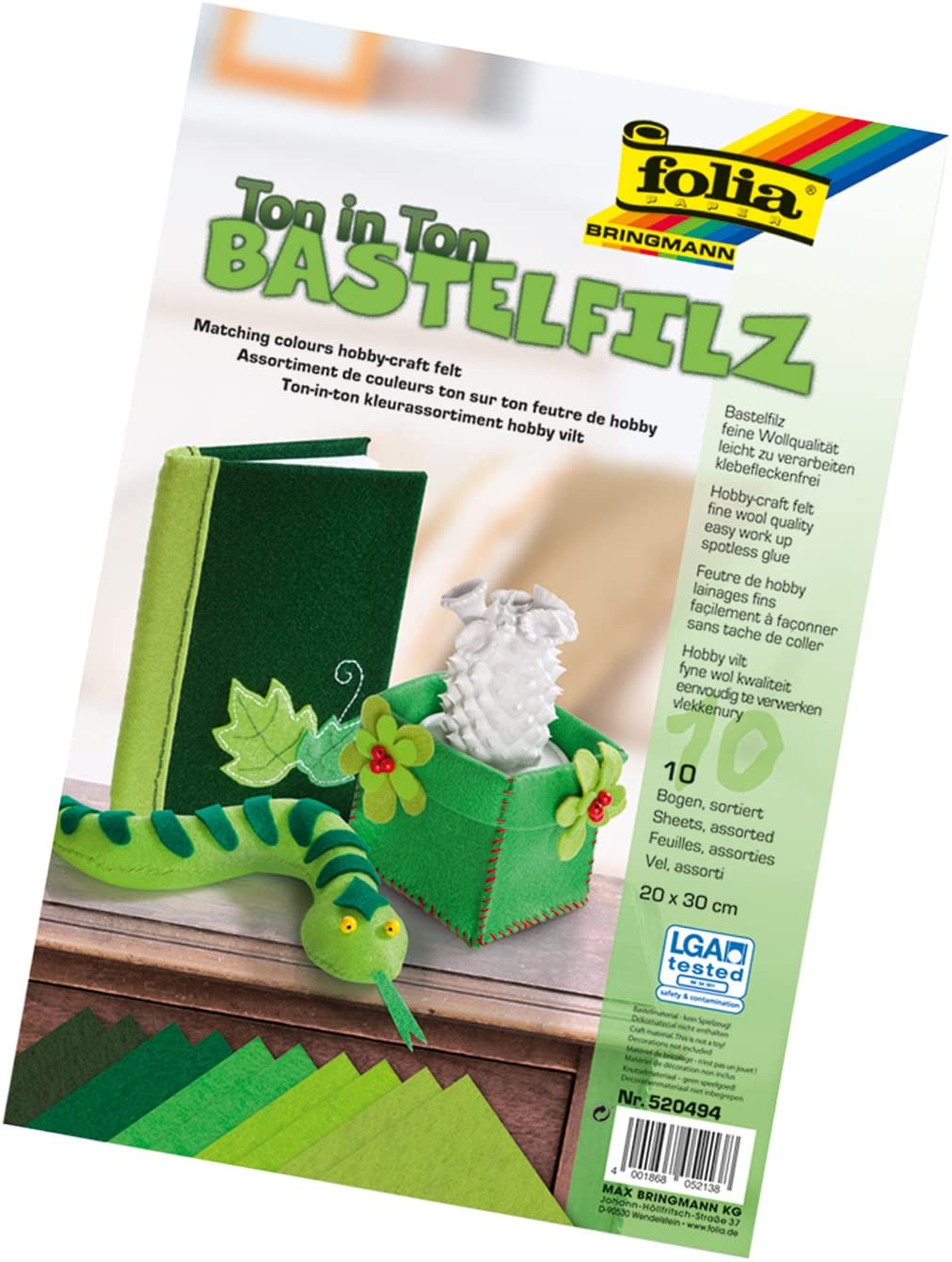 folia 520493 Crafting felt colour gradient (20 x 30 cm, 10 sheets assorted), Grüntönen, Mittel