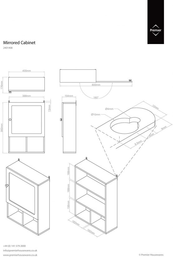 Premier Housewares MDF Bathroom Storage Cabinet with Mirror Wall Bathroom Shelf Door and 2 Compartments Bathroom Cabinet Storage White 56h x 40w x 15d - Image 2