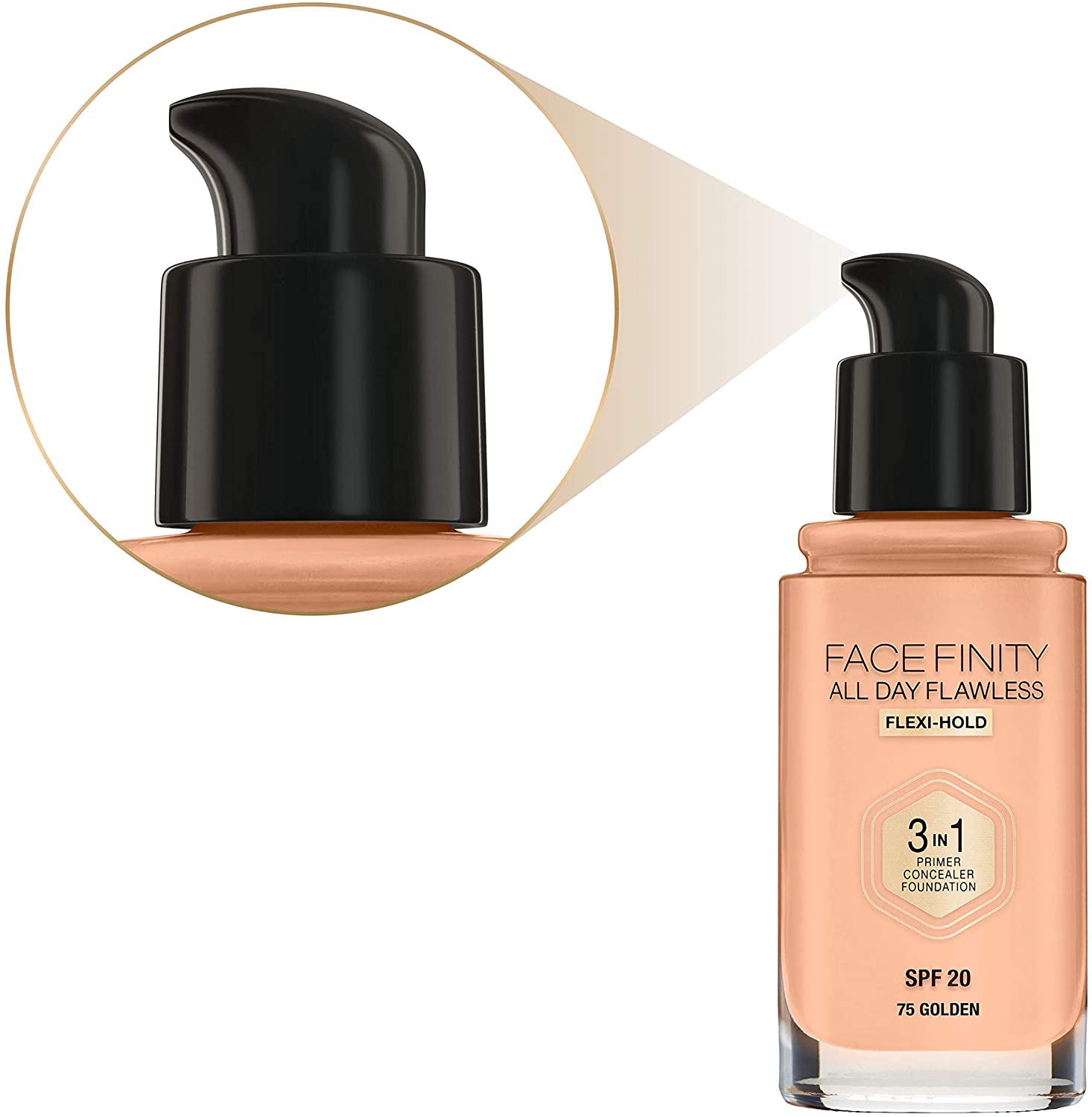 Max Factor Facefinity All Day Flawless 3 in 1 Liquid Foundation, Lightweight Oil Free Formula with SPF 20, 075 Golden, 30 ml - Image 3