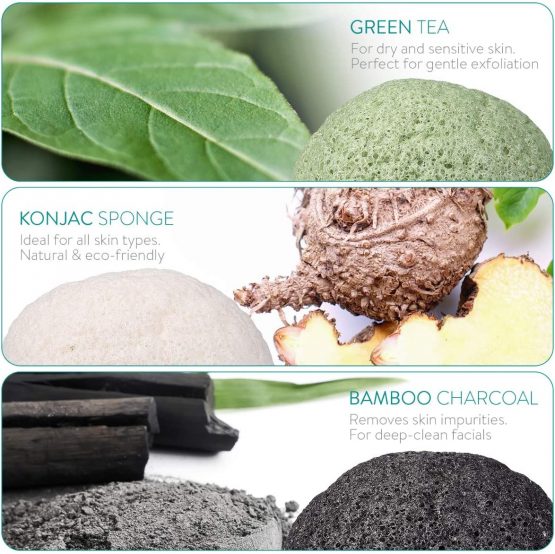 Navaris Set of Konjac Sponges - 3x Natural Exfoliating and Cleansing Sponge Shower Puffs for Face and Body including Bamboo Charcoal and Green Tea - Image 2