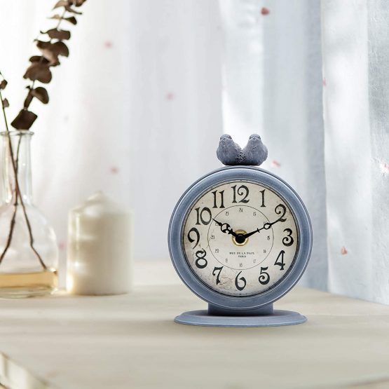 NIKKY HOME Shabby Chic Pewter Round Quartz Table Clock with 2 Birds 12 x 6 x 15.5 cm, Light Slate Grey - Image 2