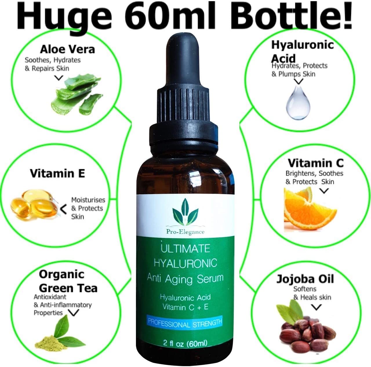 Hyaluronic Acid Serum for face 60ml Bottle Anti ageing & wrinkle Cruelty Free Best Pure Liposome Moisturiser with Vitamin C Green Tea Vitamin E & Organic Jojoba Oil - Image 2