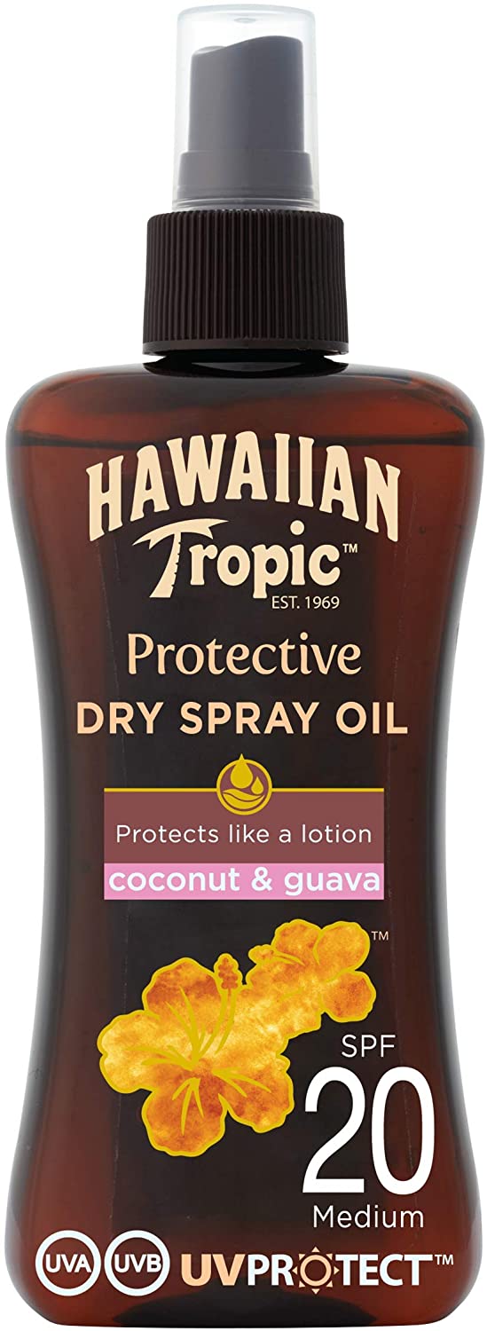 Hawaiian Tropic Glowing Protection Sunscreen Dry Oil Gel, Water Resistant SPF 20 UVA plus UVB Protection Sunscreen Spray