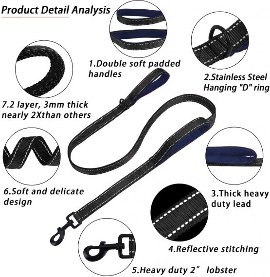 Belababy Medium Dog Leash, 5ft Double Handles Dog Lead, Heavy Duty Strong Nylon Reflective Dog Leash, 1.5m Leash Perfect for Large Medium or Small Dog - Image 2