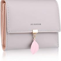 FT FUNTOR PU Leather Wallet for Women RFID-Blocking, Ladies Bifold Leaf Pendant Coin Zipper Small Purse with 5 Card Slots and 1 ID Window Card Holder Organizer (Grey)