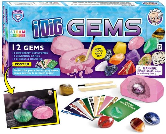 Dr. Daz Gemstone Dig Kits 12 Gem Excavation Kits with 12 Real Precious Stones Mega Gems Digging Kit for Kids Mineralogy Geology Science STEM Gift