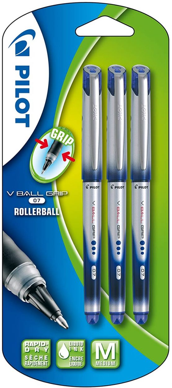 Pilot VBall 7 Grip Rollerball Pen- Blue (Pack of 3)