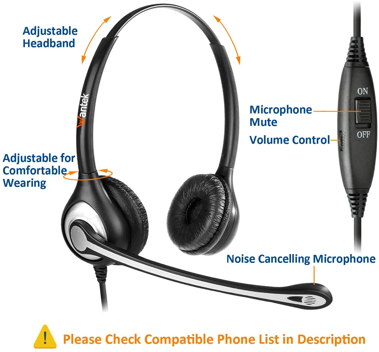 Wantek Wired Telephone Headsets with Noise Canceling Mic for AVAYA Aastra Allworx Adtran Alcatel Lucent AltiGen Comdial Digium Gigaset InterTel Mitel Plantroniccs MiVoice Landline Deskphones - Image 4