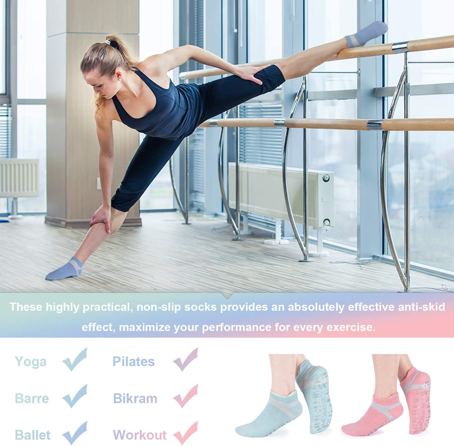 Muezna Non Slip Yoga Socks for Women Anti-skid Pilates Barre Bikram Studio Socks with Grips…, 3 Pack - Image 3