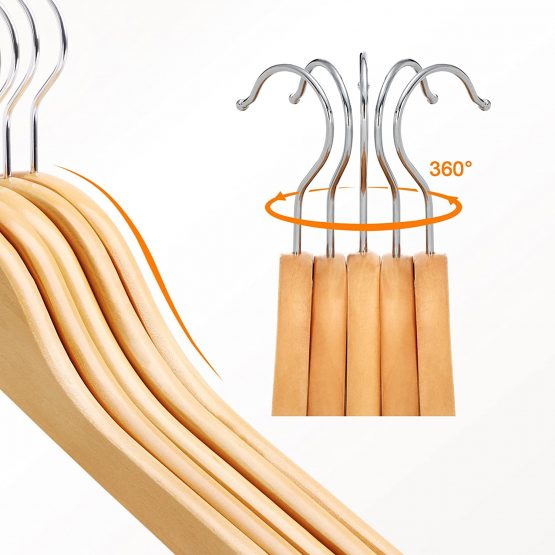 SONGMICS 10 pieces Wooden Clothes Hangers, edges with Non-Slip bar 360 Degree Rotating Hook CRW001-10,Natural,10 - Image 3
