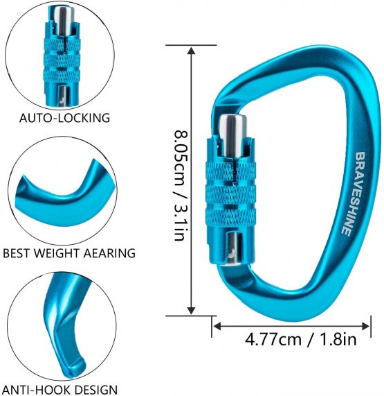 BRAVESHINE 2 Pack Twist Locking Carabiner Clips Heavy Duty, 12KN Auto Locking Aluminum Carabiner, Super Durable D Lock Carabiner Hook for Camping, Hammocks, Dog Leash, Rappelling, Swing - Image 2