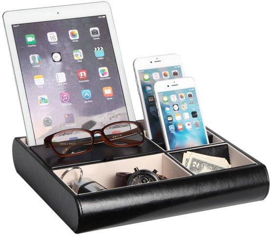 JackCubeDesign Valet Tray Leather Multi Catch all Storage Box Men’s Dresser Desk Organiser Jewellery Accessories Night Stand for Keys, Phone, Wallet, Coin, Jewellery(Black) – :MK318A