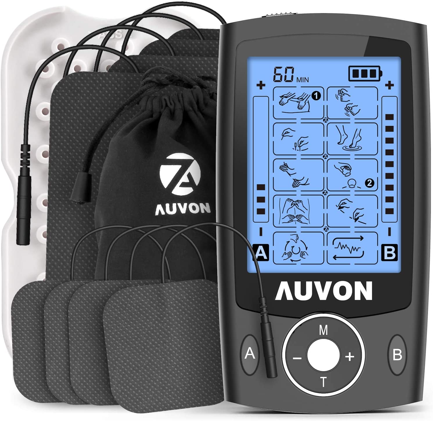 AUVON Dual Channel TENS Machine for Pain Relief TENS Unit Muscle Stimulator with 20 Modes, 2" and 2"x4" TENS Pads Replacement (Black)