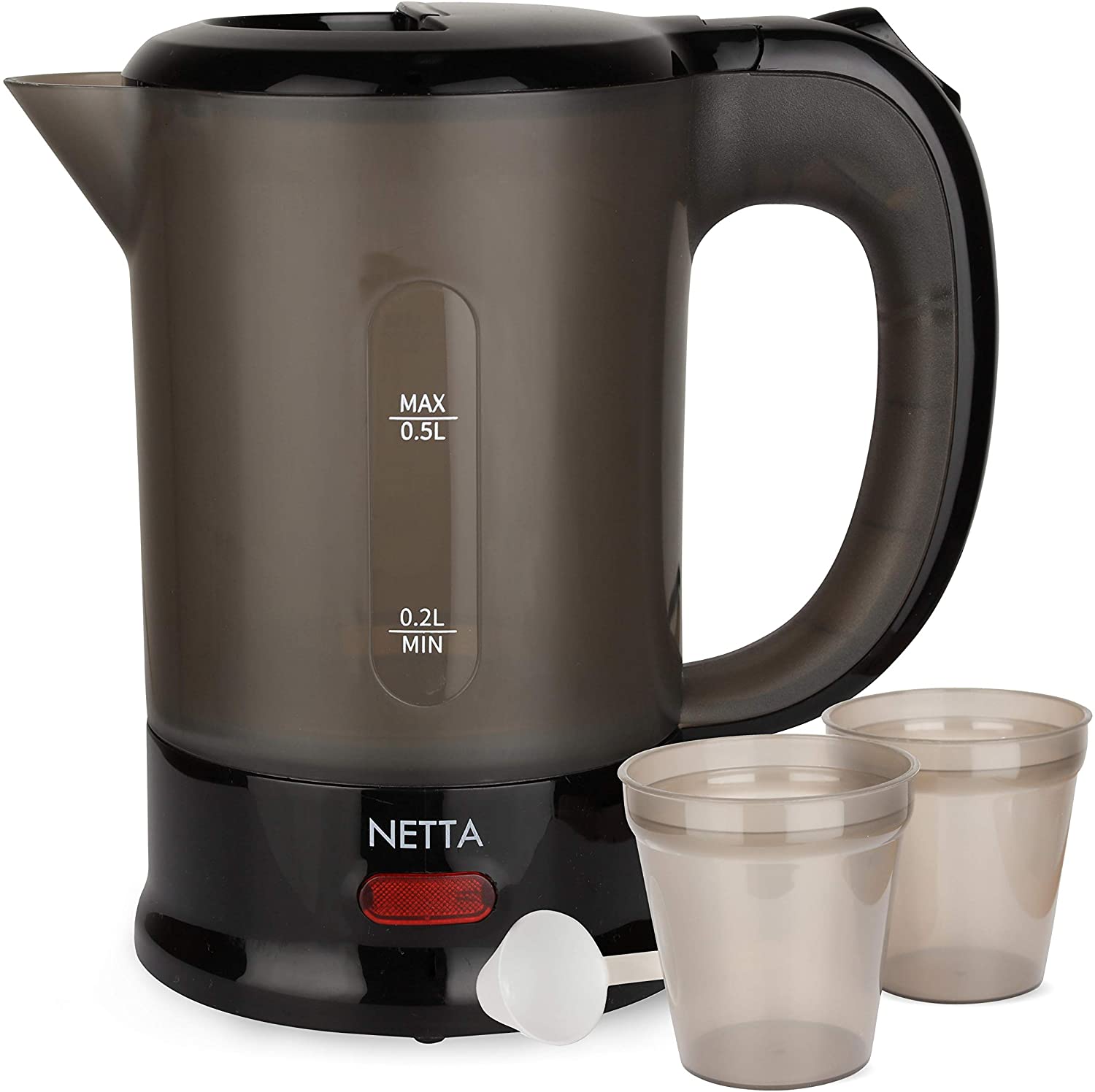 NETTA Travel Kettle 0.5L with 2 Cups 1100W Electric Portable Black Spoon Included BigaMart