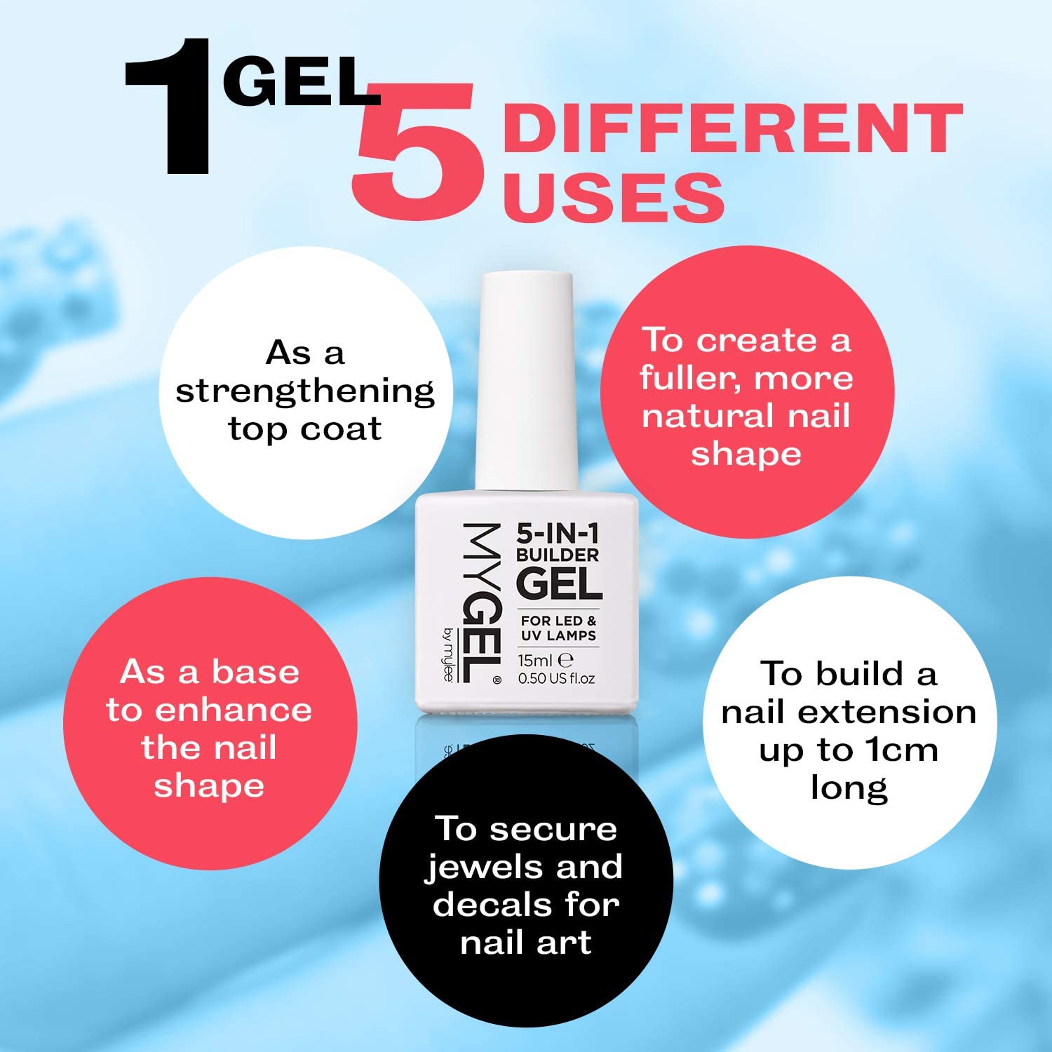 Mylee 5 in 1 Builder Base Strengthening Gel 15ml, UV/LED Nail Polish Coat for Hard Strong Nails Tips & Extensions - Image 2