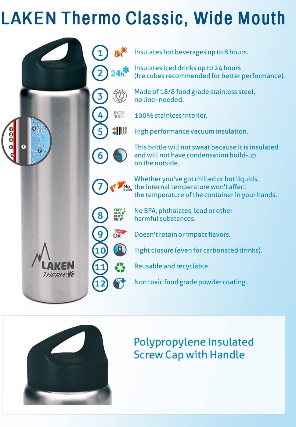 Laken Thermo Classic Vacuum Insulated Stainless Steel Water Bottle Wide Mouth - 750ml, Plain /Silver, 750 ml - Image 2
