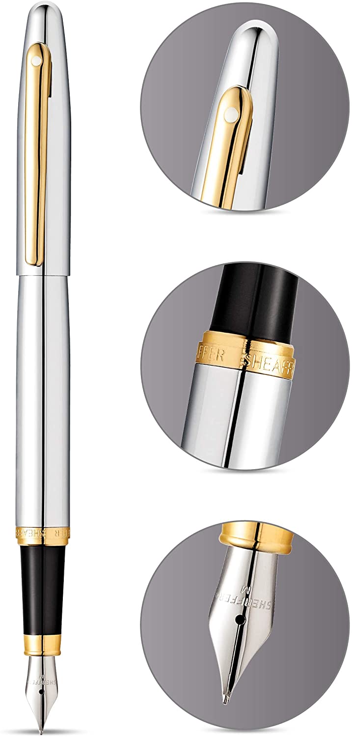 Sheaffer VFM - Refillable fountain pen with medium grade stainless steel nib, polished chrome with gold-tone trim - Image 2