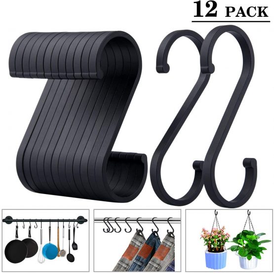 ACMETOP S Hooks, 12 Pack Aluminum S Shaped Hooks, Matte Finish S Hooks for Hanging Pots and Pans, Plants, Coffee Cups, Clothes, Towels in Kitchen, Bedroom, Bathroom, Office and Garden (Matte Black)