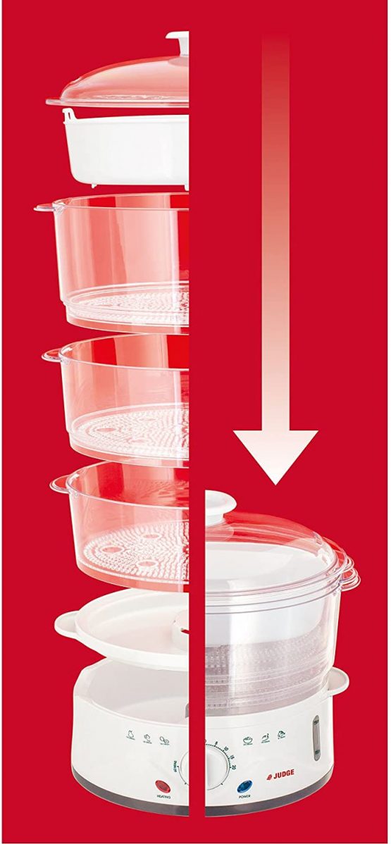 Judge JEA25 Electric 3 Tier Steamer Set with 3 BPA-Free Steamers, 1 Rice Bowl, Lid, Boil Dry Protection 20cm x 22cm x 43cm 800W - 2 Year Guarantee - Image 3