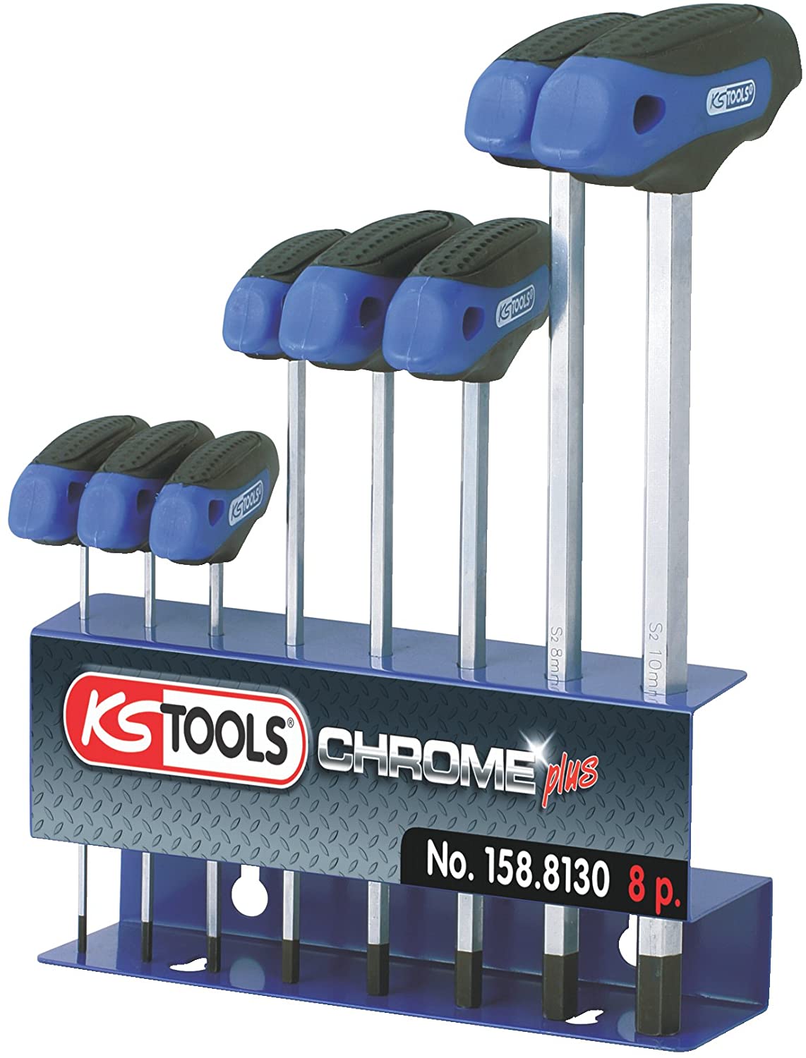 KS Tools 158.8130 2-10mm Ergo+ T-Handle Key Hex Set (8 Pieces), Chrome