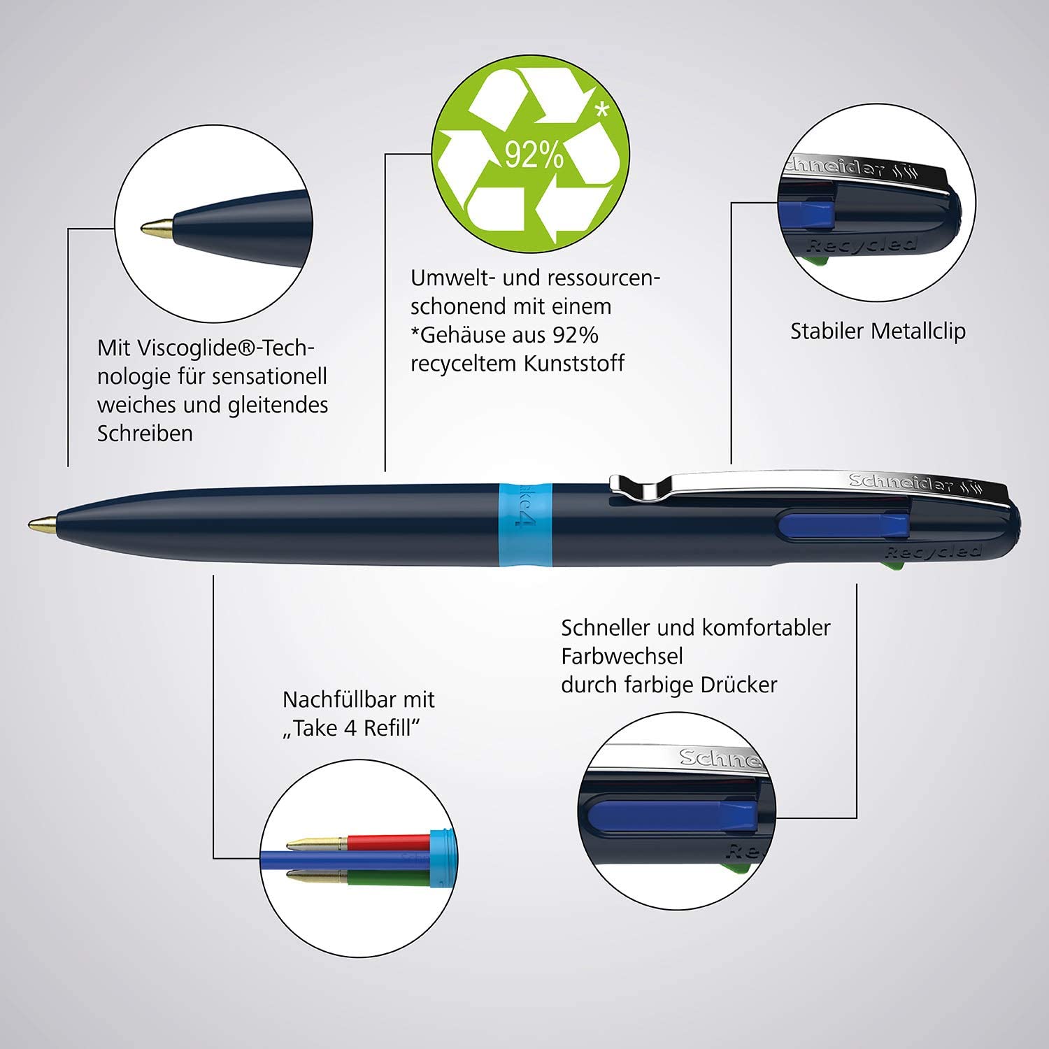 Schneider Take 4 Ballpoint Pens Multicolour (4 Colours, Refills able, Recycled Plastic) Dark Blue/Light Blue, Pack of 10 - Image 4