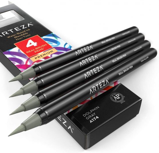 Arteza Real Brush Pens [A174 Dolphin Grey, Pack of 4] Watercolour Pens with Nylon Brush Tips, Art Supplies for Dry-Brush Painting, Sketching, colouring & Calligraphy