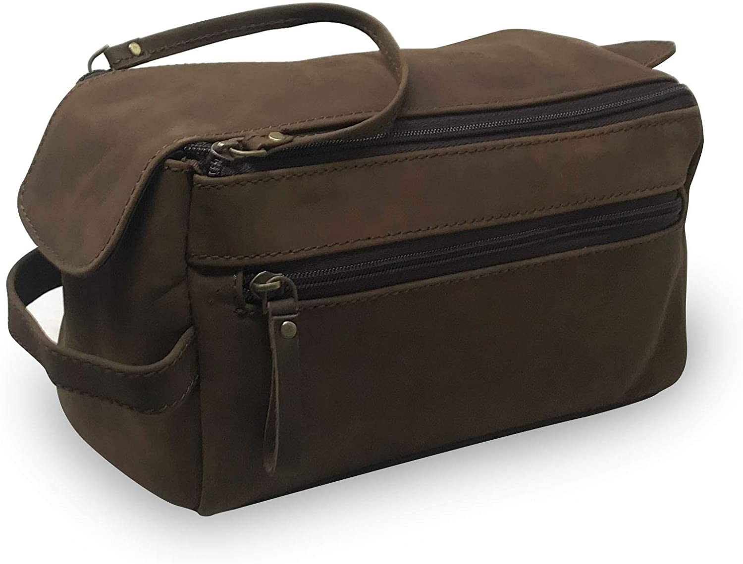 Men's Genuine Leather Toiletry Bag Waterproof Dopp Kit Shaving Bags and Grooming for Travel Groomsmen Gift Men Women Hanging Zippered Makeup Bathroom Cosmetic Pouch Case Make Up kit