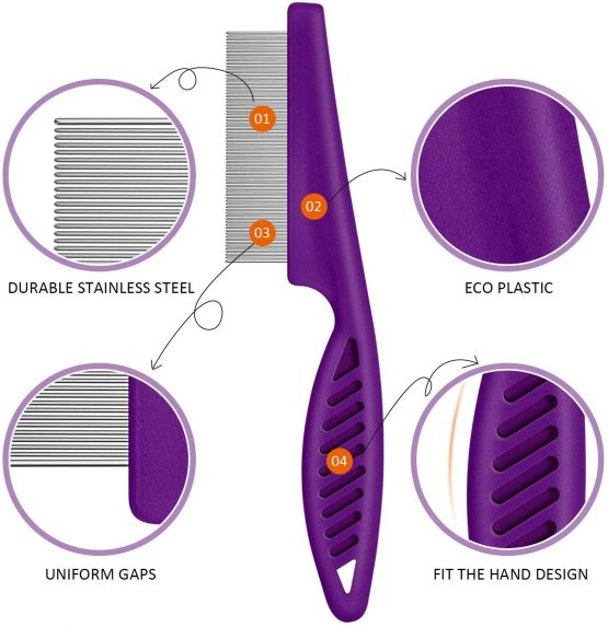 Boao 2 Pieces Flea Tear Stain Remover Comb Pet Dogs Cats Grooming Tool Stainless Steel Safe Metal Teeth Removal Combs, Clean Lice/Tangles/Knots/Crust/Dirt (Purple) - Image 3