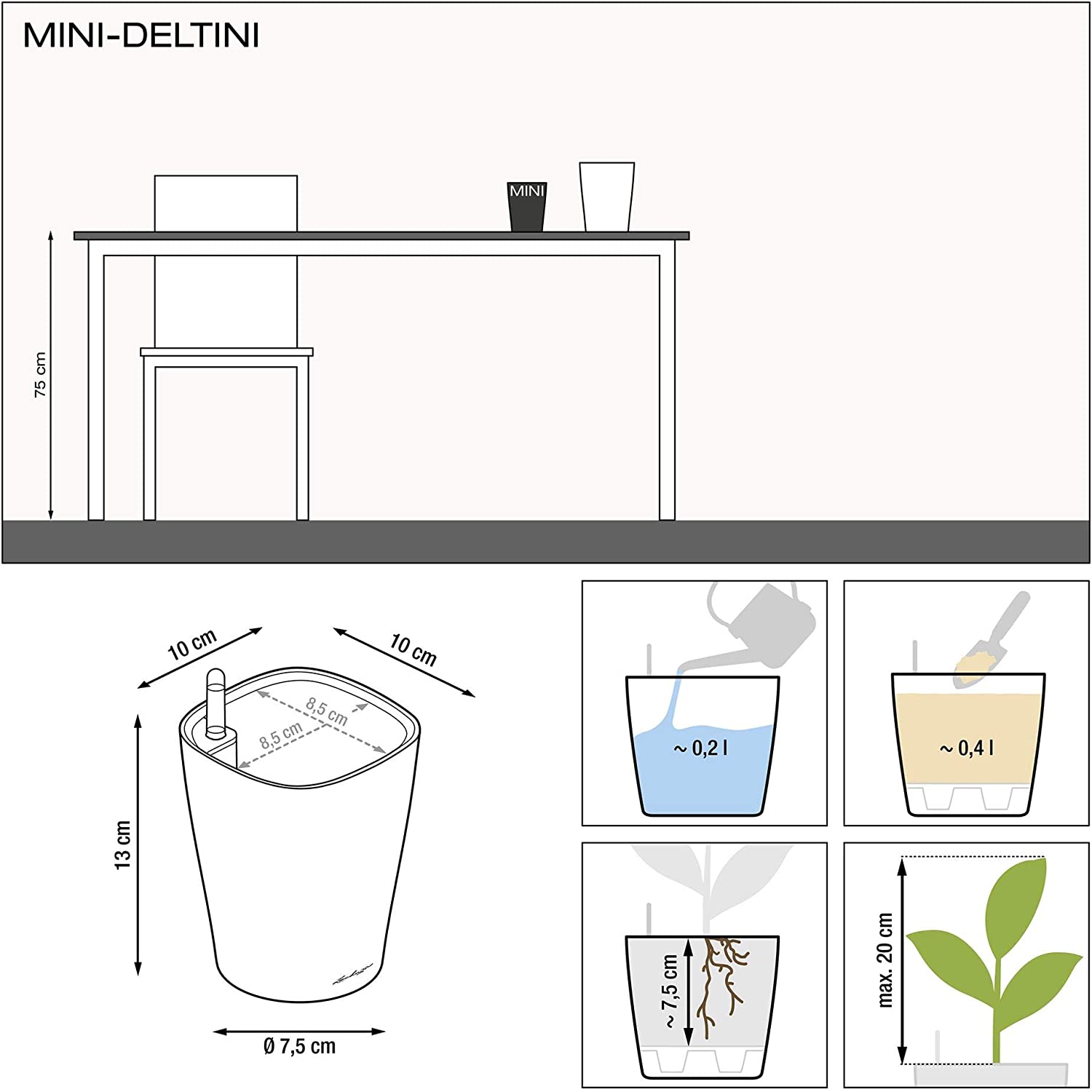 LECHUZA Self Watering Plant Pot MINI DELTINI Small Plastic Indoor Plant Pot without Drainage Hole D10 H13 cm Shiny Taupe - Image 2