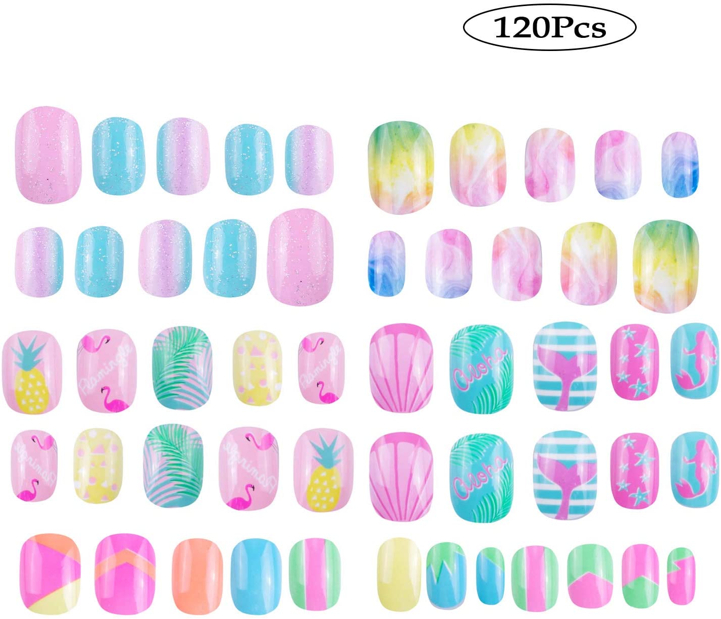 SIUSIO 120 Pcs 5 Pack Children Acrylic Fake Nails Press on Pre-glue ...