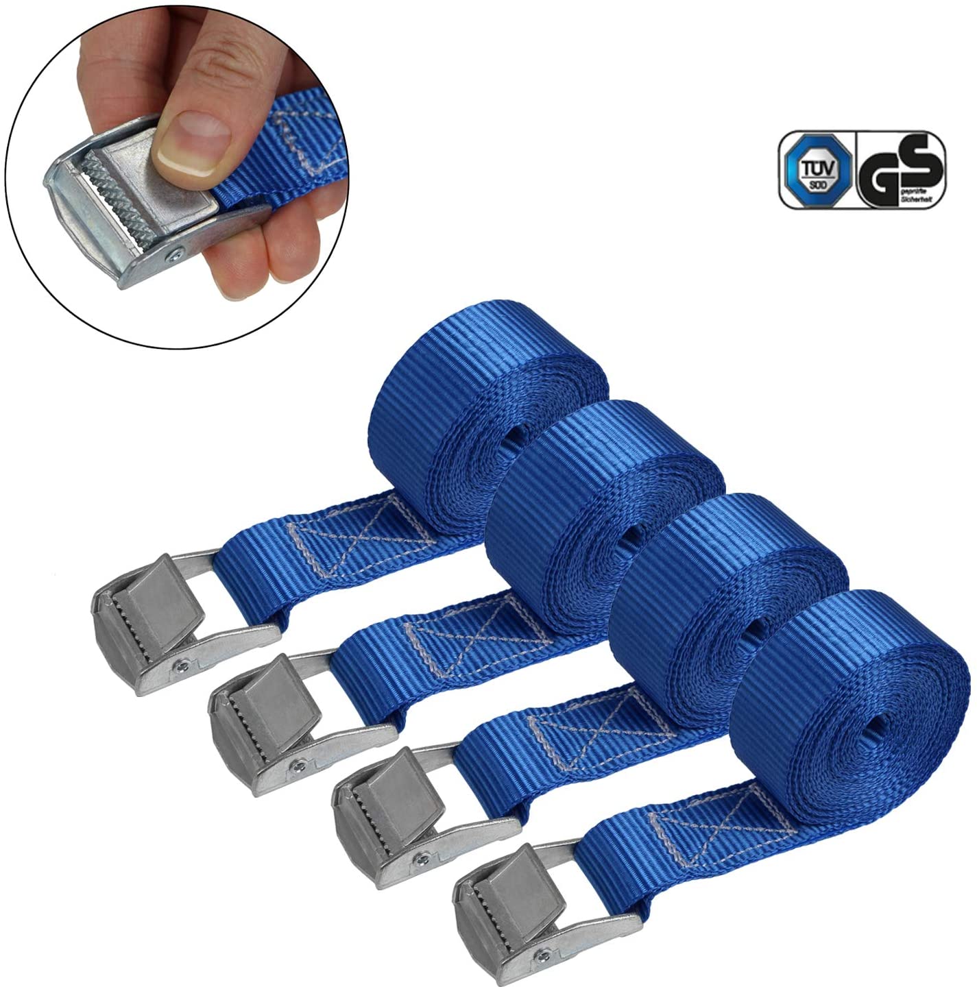 BB Sport Cargo Strap, Blue, 2.5cm x 2.5m, 250kg, Polyester, Tested Safety, Trailer Compatible, 4 Pieces, 4 pieces 2.5 cm x 2.5 m