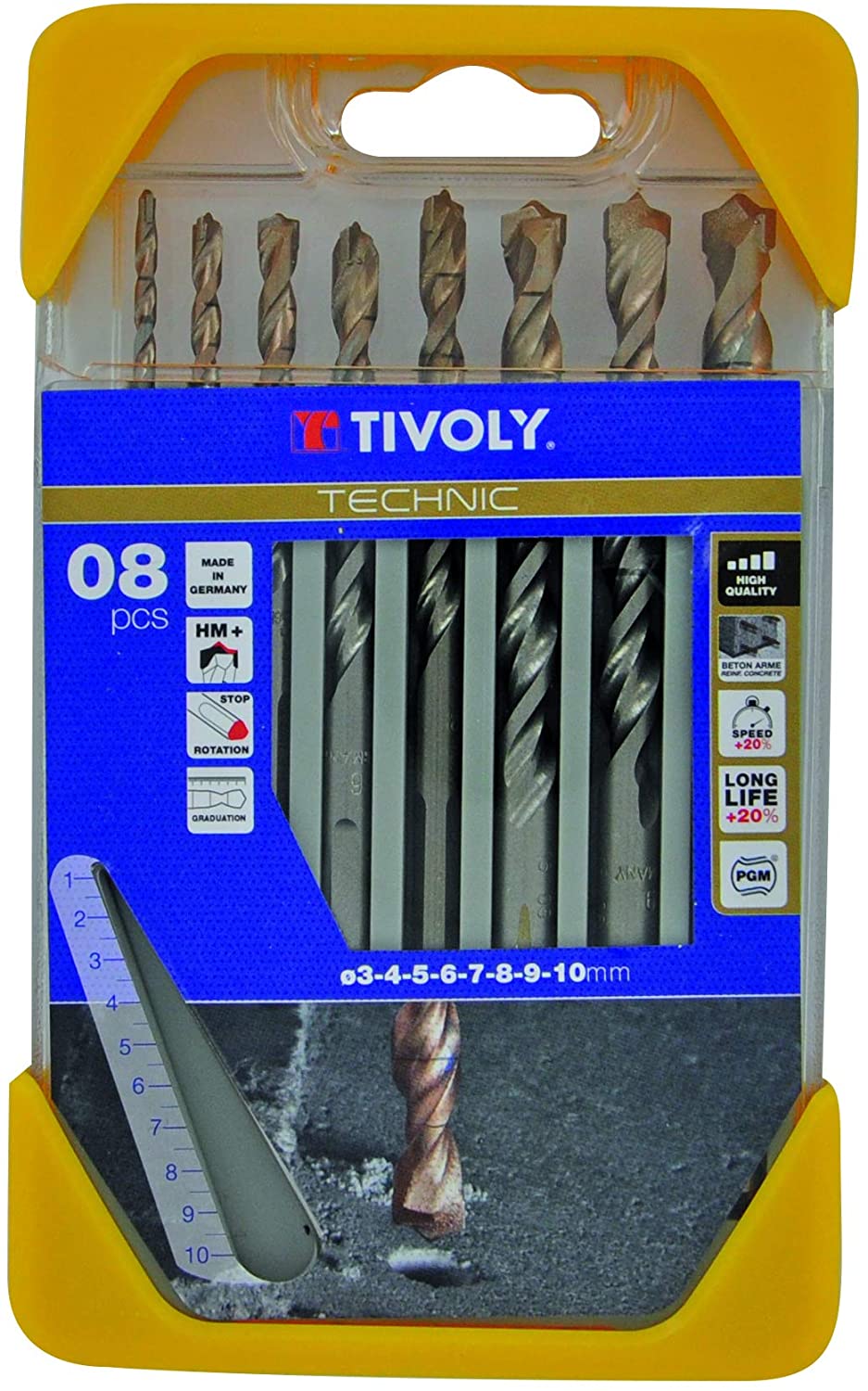 Tivoly B44 - Pack of 8 Drill Bits for Concrete High Performance Range (Diameter of 3, 4, 5, 6, 7, 8, 9, 10 mm)