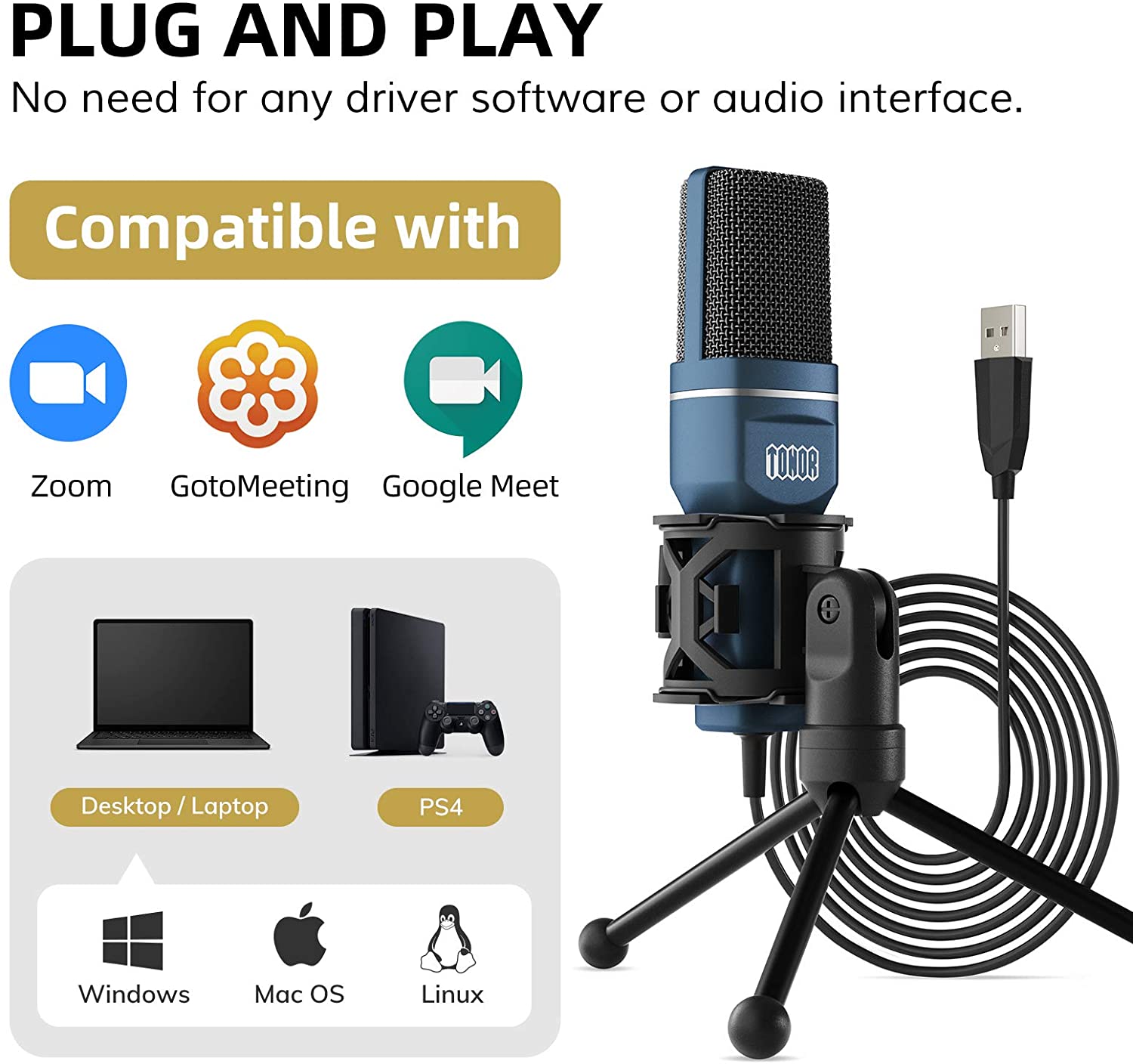 Tonor Pc Microphone Usb Computer Cardioid Condenser Gaming Mic Plug 