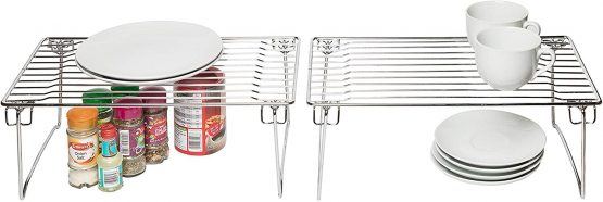Amtido Kitchen Cupboard Organiser Storage Shelf Rack Stands for Cabinets, Pantry, Countertop Organisation - Stackable - Chrome, 2 Pack - Image 3