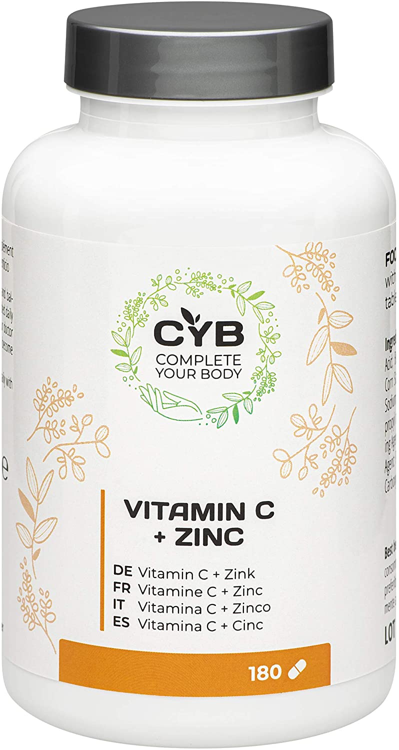 CYB Vitamin C + Zinc - 225mg Vitamin C, 2.25mg Zinc - Vegan Daily Supplement - 180 Tablets, Yellow, 180 count (Pack of 1)