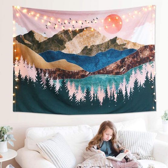 Dremisland Sunset Wall Tapestry Forest Tree Tapestry Mountain Wall Hanging Psychedelic Nature Landscape Tapestry Home Decoration for Bedroom Living Room (Colorful, L/148X200cm (58"X79")) - Image 2