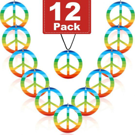 12 Pieces Rainbow Peace Necklaces Plastic Peace Sign Pendant Necklace Costume Accessory 1960's Hippie Accessories