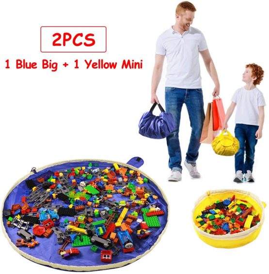 SUMBABO Toy Storage Mat Bag for Lego - Play Mat Bag and Toy Organizer Storage Bag by Drawstring for Toy Bricks - Toy Storage Container for Kid with Cap Like Travel Bag as Gift 2Pcs=1Big+1Mini