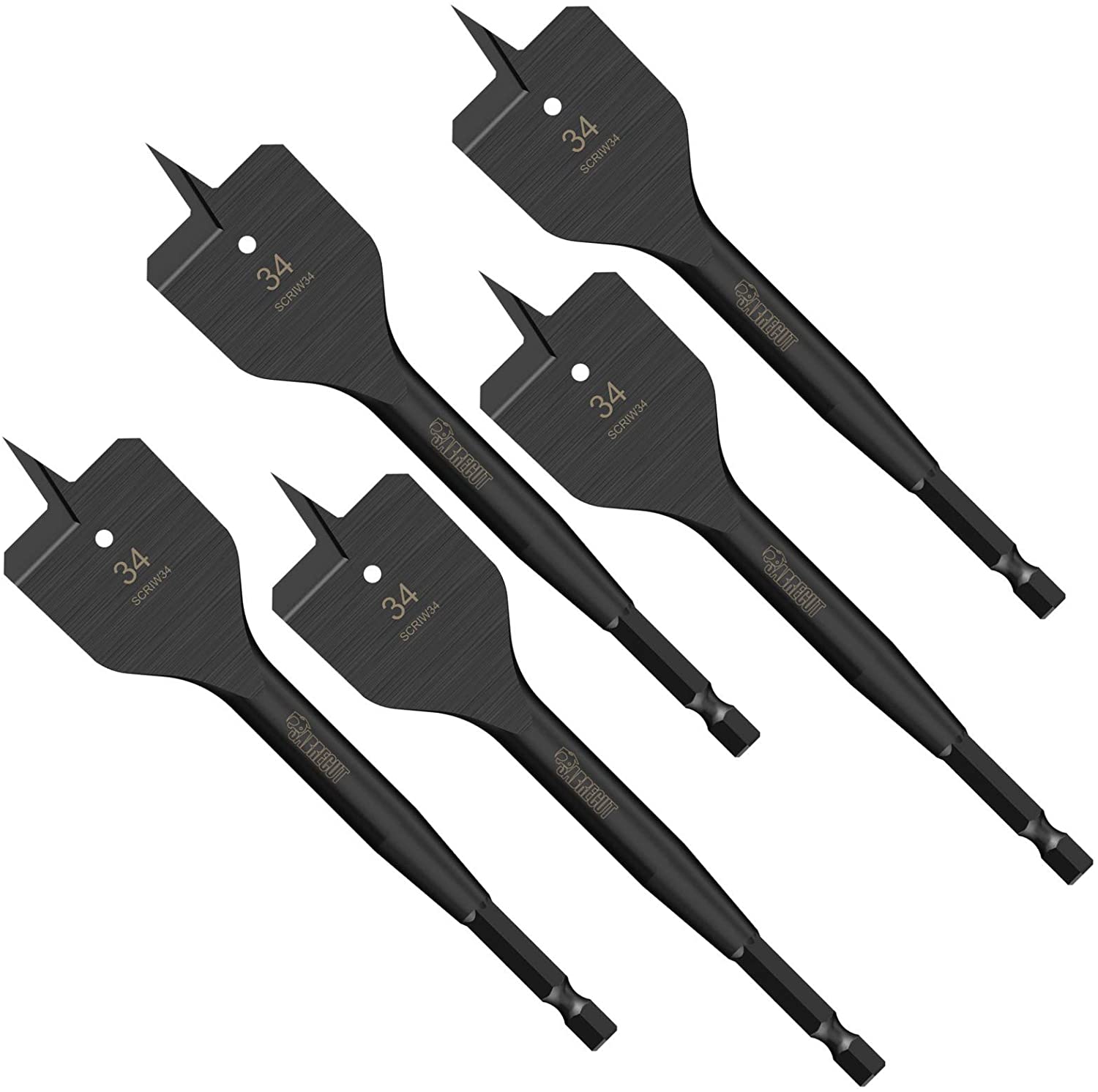 5 x SabreCut SCRIW34_5 34mm x 152mm Impact Rated Flat Wood Spade Bits for Softwood Hardwood Chipboard