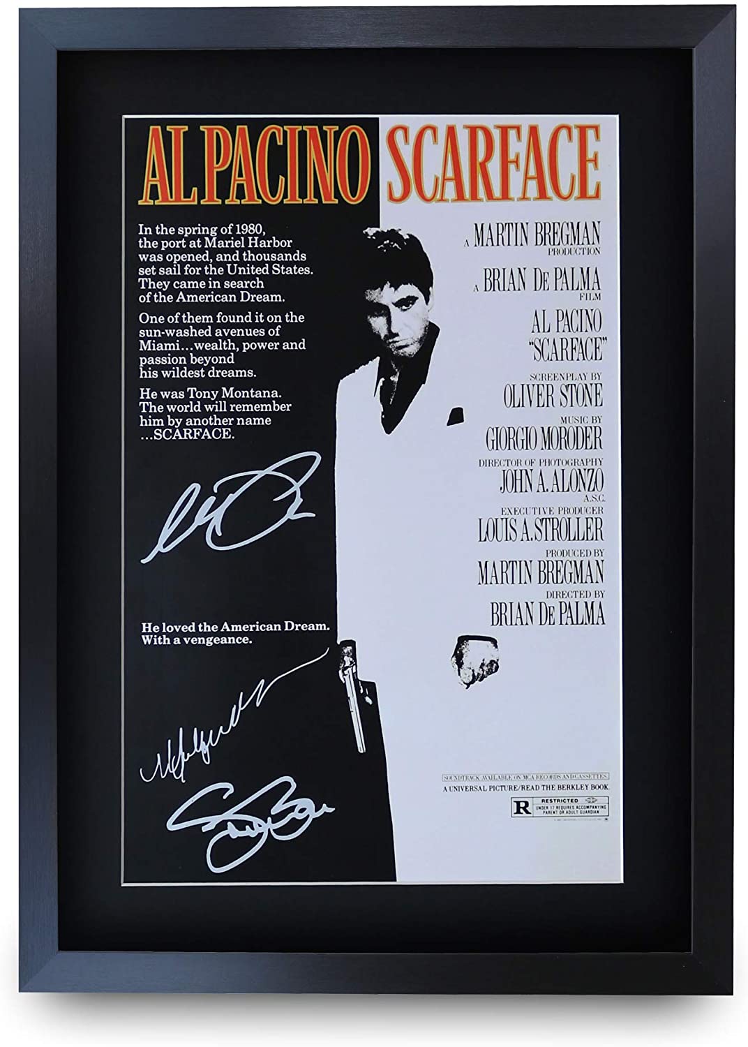 HWC Trading A3 FR Scarface Movie PosterAl Pacino Steven Bauer Michelle Pfeiffer Signed Gift FRAMED A3 Printed Autograph Film Gifts Print Photo Picture Display…