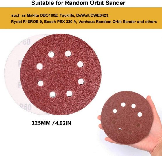 100Pcs Sanding Discs Pads, Augola Hook and Loop 40 60 80 100 120 150 180 240 320 400 Mixed Grits 125mm Sandpaper Sheet for Random Orbital Sander, 8-Holes - Image 3