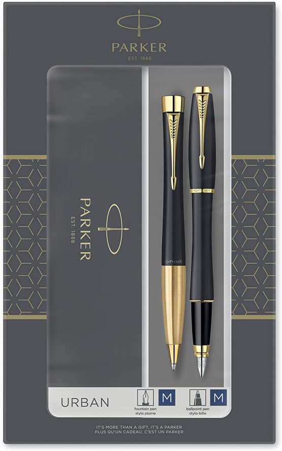 Parker Urban Duo Gift Set with Ballpoint Pen & Fountain Pen, Muted Black with Gold Trim, Blue Ink Refill & Cartridge, Gift Box