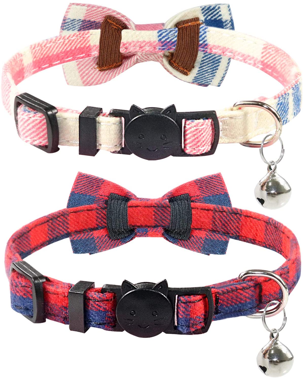 Joytale Quick Release Cat Collar with Bell and Bow Tie Cute Plaid Patterns 2 Pack Kitty Safety Collars