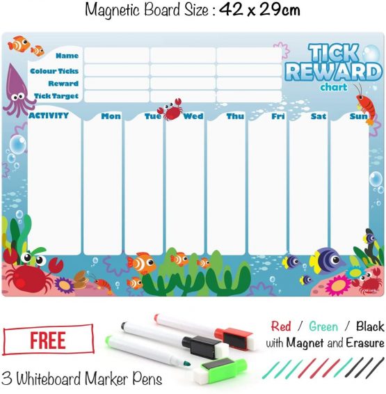 CKB LTD® Magnetic REWARD CHART Ocean Creatures FRIDGE BOARD 7 Day Colourful Tick List For Refrigerators With 3 Markers Pens Activity Chore A3 Behaviour Charts Teaching Children Good Practices - Image 3
