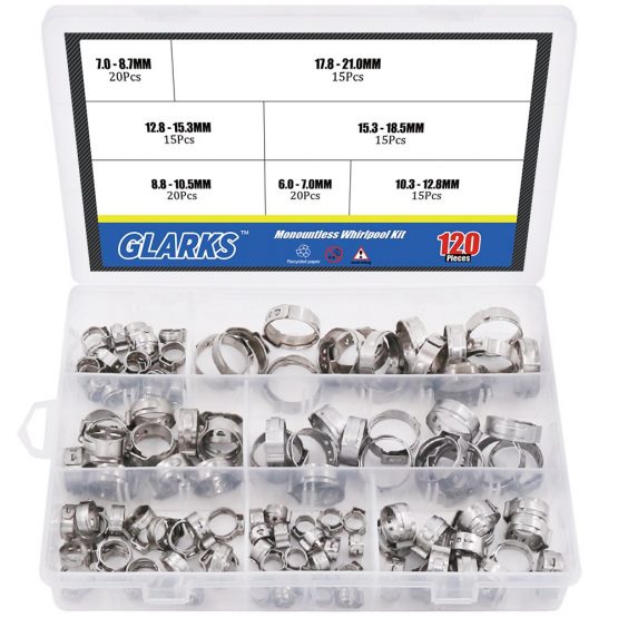 Glarks 120Pcs 7-21mm 304 Stainless Steel Single Ear Hose Clamps Assortment Kit