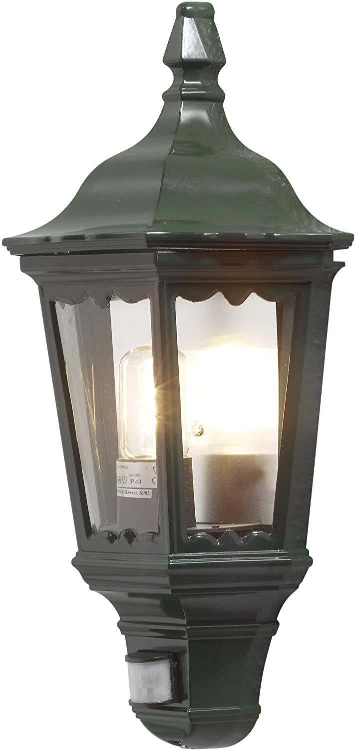 Konstsmide Outdoor Lights Firenze Flush Outdoor Wall Light with PIR Sensor-Motion Detector / 1 x 100 W E27 Max Wall Lamp / Clear Glass Panels / Aluminium / IP43 / Outside Light Green