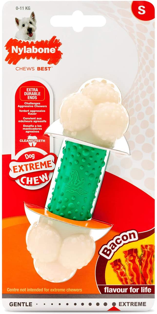 Nylabone Extreme Tough Double Action Dog Chew Toy Bone, Cleans Teeth, Bacon Flavour, Small, for Dogs Up to 11 kg
