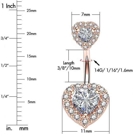 OUFER 316L Surgical Steel Belly Bars Double Heart Cubic Zirconia Belly Button Ring Navel Piercings Jewellery 14G (1.6mm) - Image 3